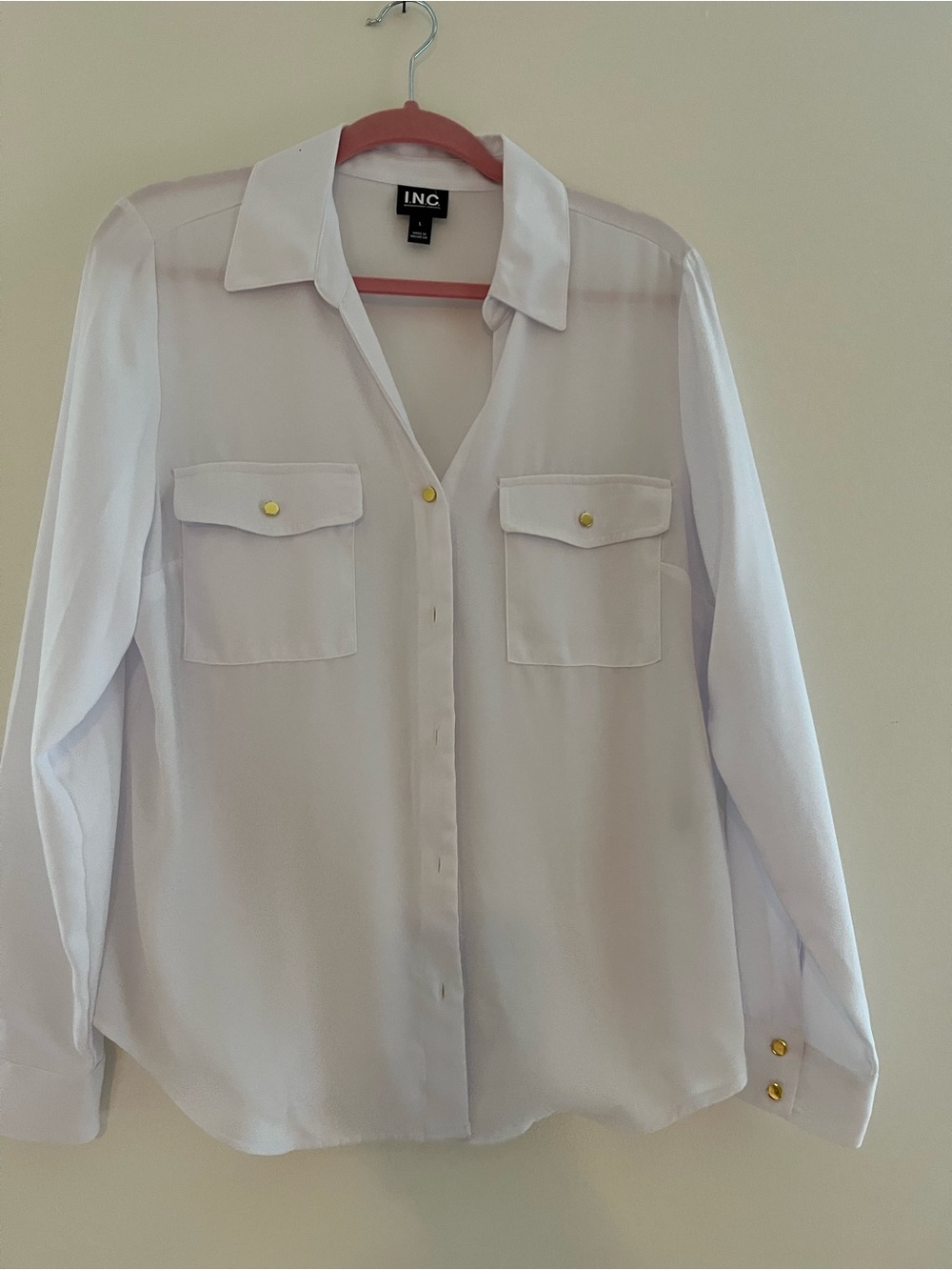 INC International Concepts White Button-Down Blouse with Gold Buttons